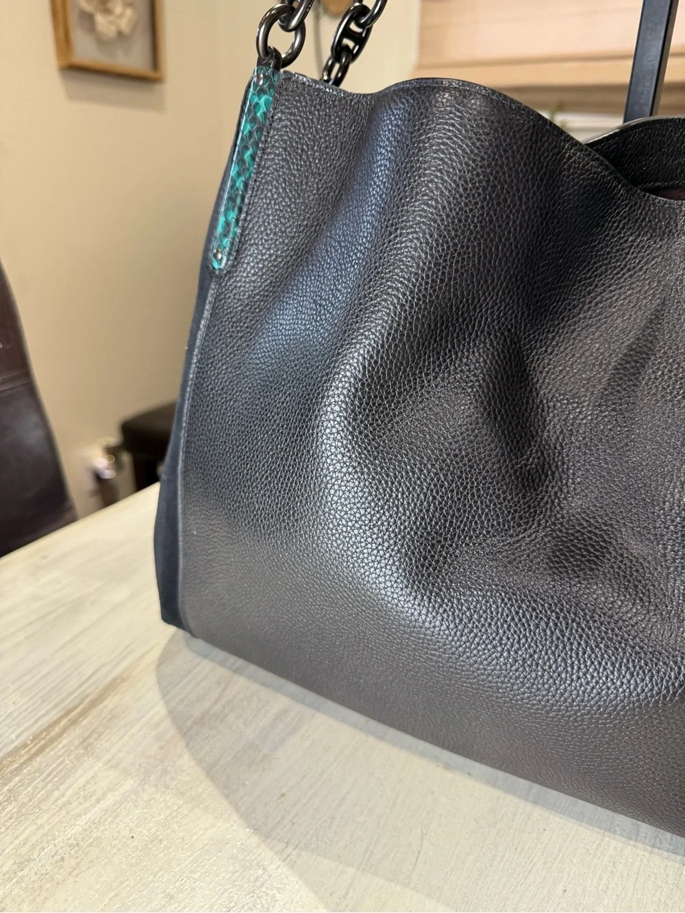 Coach Dalton 31 Black Shoulder Bag with Teal Snake-Print Strap and Suede